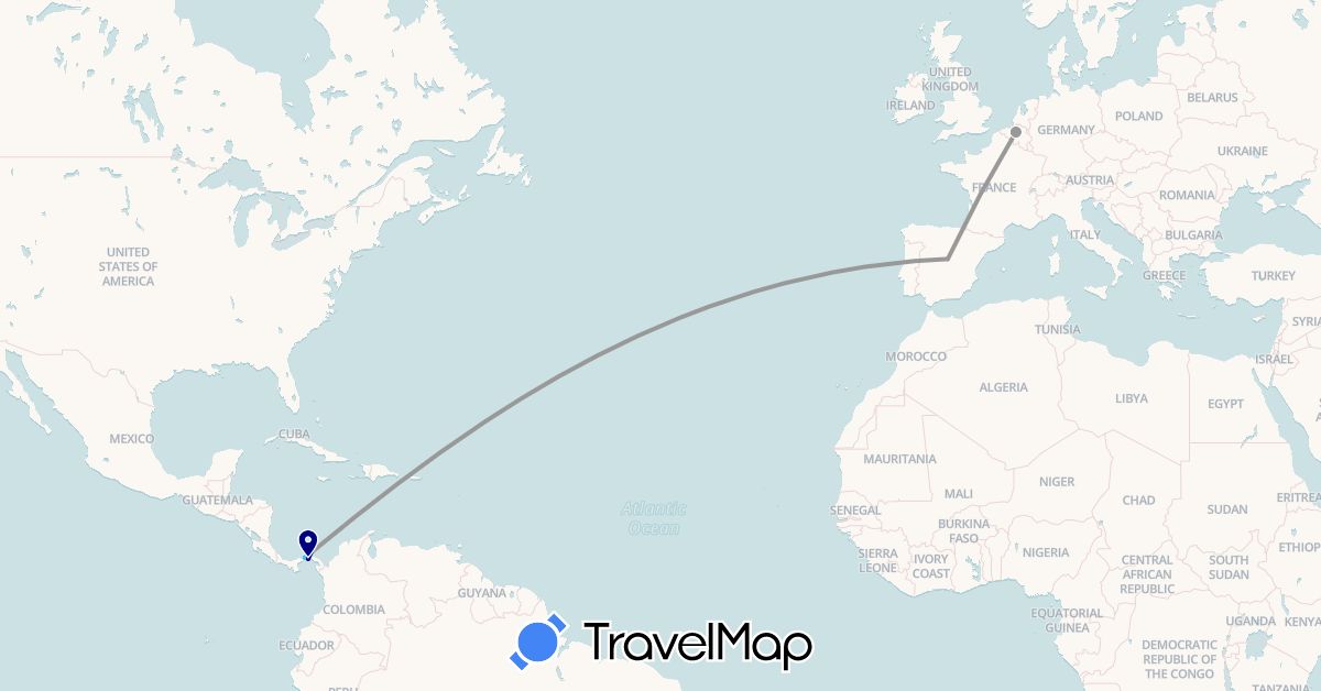TravelMap itinerary: driving, plane, boat in Belgium, Spain, Panama (Europe, North America)